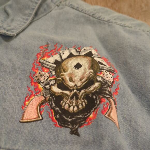 VTG Biker Cutoff Men XXL Button Up Denim Shirt Skull Cards Dice Guns Punk Flame - Picture 2 of 7